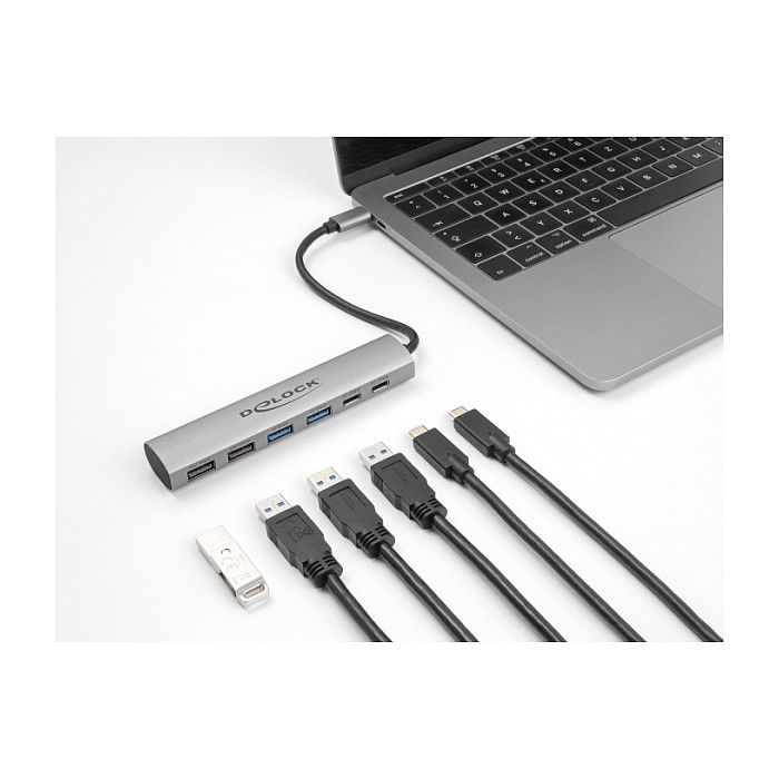 DELOCK Concentrador USB 6 Puertos 4x USB-A 2x USB-C, USB 3.2 Gen 1, Gris Aluminio