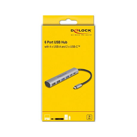 DELOCK Concentrador USB 6 Puertos 4x USB-A 2x USB-C, USB 3.2 Gen 1, Gris Aluminio