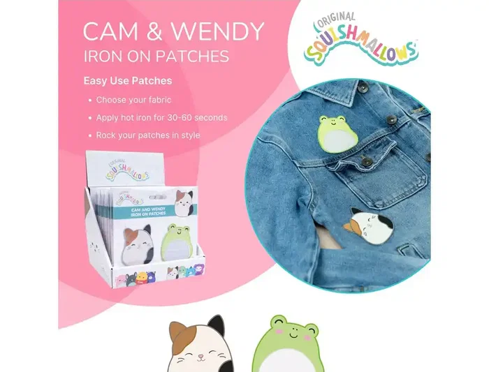 Wondee Set de 12 Parches Bordados Squishmallows para Planchar, Cam el Gato y Wendy la Rana, Adhesivos para Ropa y Mochilas
