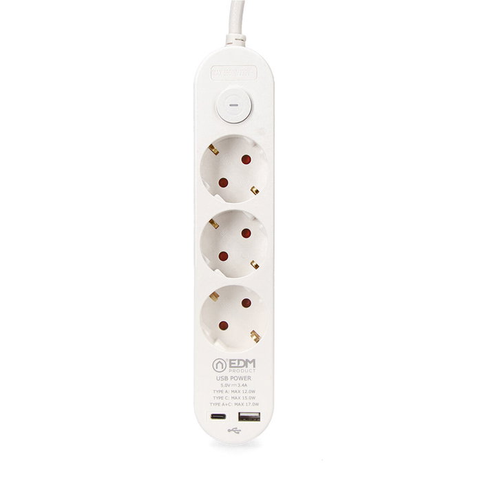 Edm Base Múltiple 3 Tomas Schuko con Interruptor, 2 Puertos USB A + C (Fast Charging), Cable 1.5m H05VV-F 3G1.5mm², 16A 250V~, Blanco