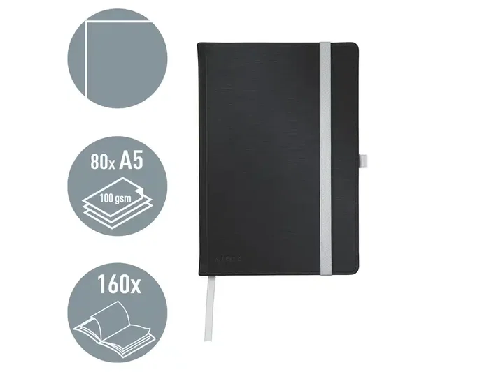 Leitz Style Cuaderno Tapa Dura Din A5 80 Hojas Liso Negro Satinado con Cierre Elástico y Bolsillo
