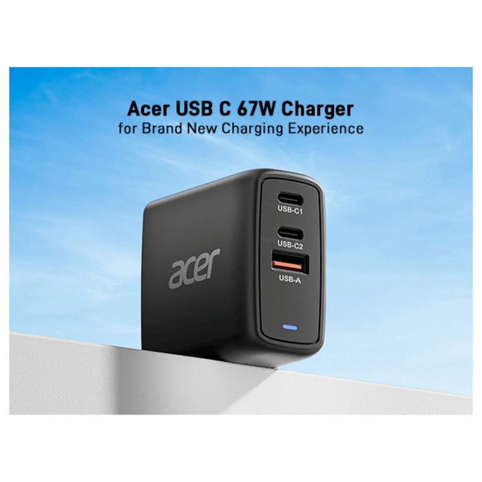 Acer Cargador 67W GaN con 2x USB-C y 1x USB-A, Negro