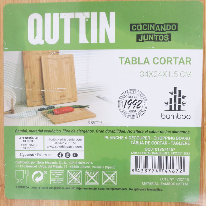 Quttin Tabla Cortar Bambú y Metal 34 x 24 x 1.5 cm (12 Unidades)