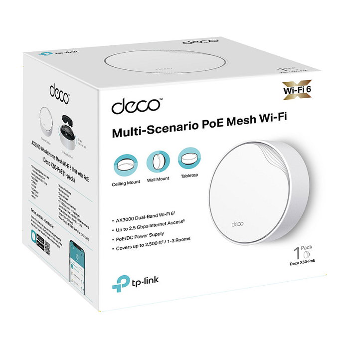TP-Link Deco X50-PoE Enrutador de Malla Wi-Fi 6 (AX3000) Dual-Banda, Cobertura hasta 230 m², 1 Pack, Blanco, Con Tecnología PoE y App TP-Link Deco TP-Link Deco X50-PoE Enrutador de Malla Wi-Fi 6 (AX3000) Dual-Banda, Cobertura hasta 230 m², 1 Pack, Blanco, Con Tecnología PoE y App TP-Link Deco