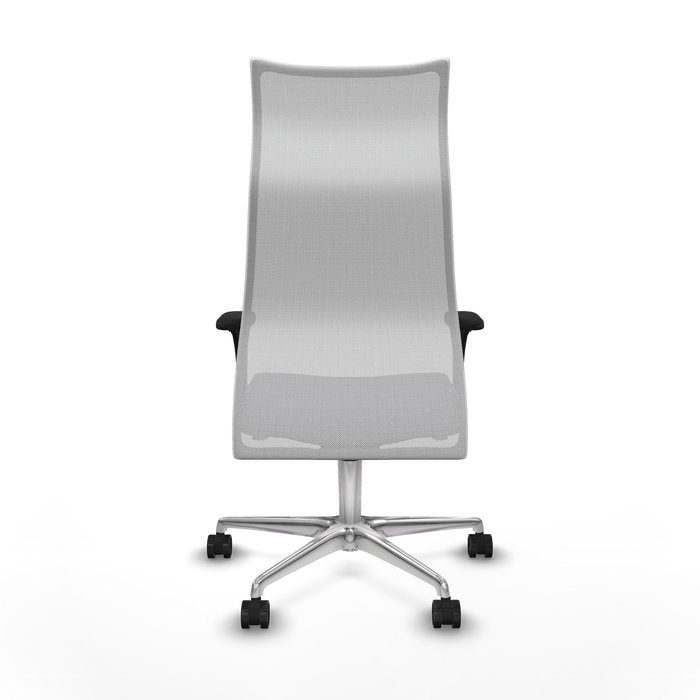 Sillón Albacete con mecanismo Sincro tapizada con Tela color Gris oscuro y malla color Blanco. Equipado con Base aluminio, Brazos 1D y Ruedas 65mm nailon