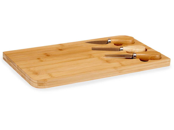 Kinvara Set 4 Pzs Bambú Tabla y 3 Utensilios 34x2.5x19cm Tenedor Cuchillo Espátula Acero Inoxidable (Set de 6)