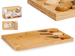 Kinvara Set 4 Pzs Bambú Tabla y 3 Utensilios 34x2.5x19cm Tenedor Cuchillo Espátula Acero Inoxidable (Set de 6)