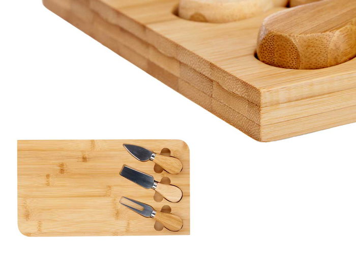 Kinvara Set 4 Pzs Bambú Tabla y 3 Utensilios 34x2.5x19cm Tenedor Cuchillo Espátula Acero Inoxidable (Set de 6)