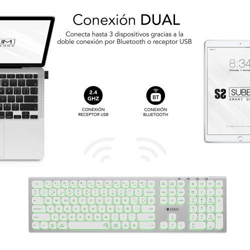 Subblim Master Teclado Inalámbrico Retroiluminado Plata y Blanco