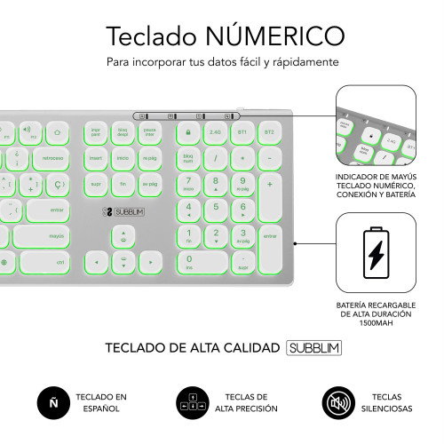 Subblim Master Teclado Inalámbrico Retroiluminado Plata y Blanco