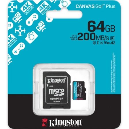 Kingston SDCG4/64GB MicroSD 64GB Clase 10 Canvas Go Plus 4 200MB/s U3 V30 A2 Negro/Turquesa
