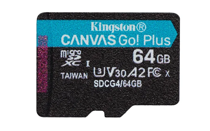 Kingston SDCG4/64GB MicroSD 64GB Clase 10 Canvas Go Plus 4 200MB/s U3 V30 A2 Negro/Turquesa