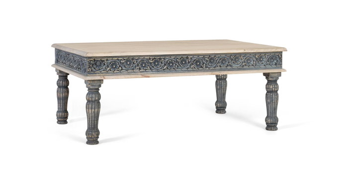 GINER Y COLOMER Mesa de Centro de Madera de Mango y Hierro, Blanco y Azul, 140x70 cm