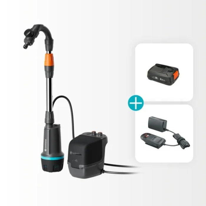 Gardena Bomba de Batería para Barriles de Lluvia 2600 Comfort 18V con Batería y Cargador, Negro/Gris