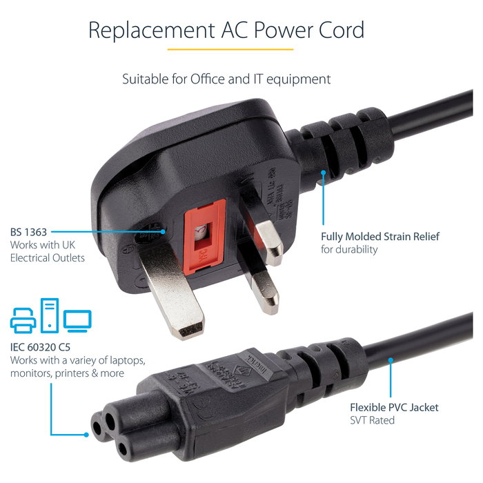 StarTech.com Cable de Alimentación para Portátil 1m BS1363 a C5 (Trébol/Mickey Mouse) 250V 2.5A - Cable de Poder UK para Cargador StarTech.com Cable de Alimentación para Portátil 1m BS1363 a C5 (Trébol/Mickey Mouse) 250V 2.5A - Cable de Poder UK para Cargador