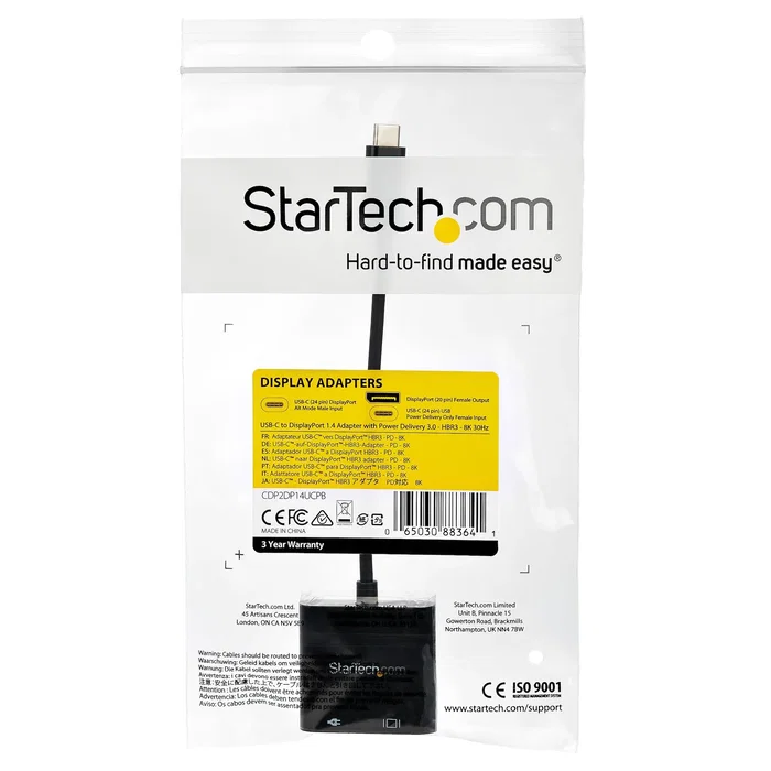 StarTech Adaptador CDP2DP14UCPB USB-C a DisplayPort 1.4 con Power Delivery 60W para Monitor 8K 60Hz/4K 120Hz, HDR, HBR3, Compatible con Thunderbolt 3, Negro