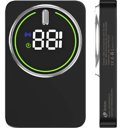 Leotec LePow W20W10K Powerbank 10000mAh 20W Carga Inalámbrica Negro con Cable USB-C