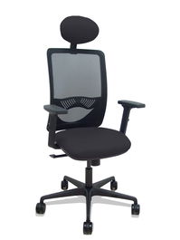 Silla de oficina Zulema con mecanismo Sincro tapizada con Tela color Negro. Equipada con lumbar 1D, Brazos 2D, Cabecero Fijo y Ruedas 65mm nailon