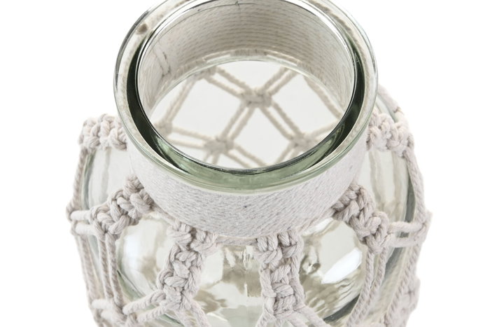 DKD Home Decor Jarrón Mediterráneo Transparente Blanco Cristal Algodón Red Macramé 14 x 14 x 26 cm (2 Unidades)