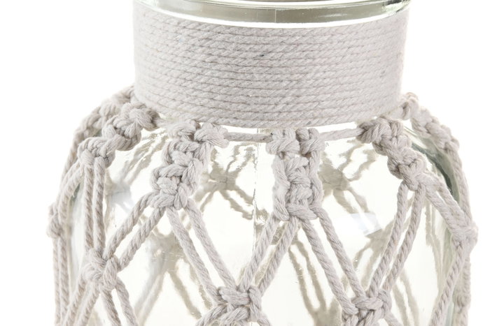 DKD Home Decor Jarrón Mediterráneo Transparente Blanco Cristal Algodón Red Macramé 14 x 14 x 26 cm (2 Unidades)