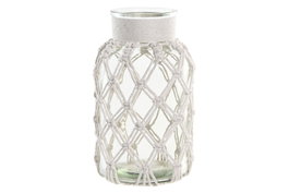 DKD Home Decor Jarrón Mediterráneo Transparente Blanco Cristal Algodón Red Macramé 14 x 14 x 26 cm (2 Unidades)