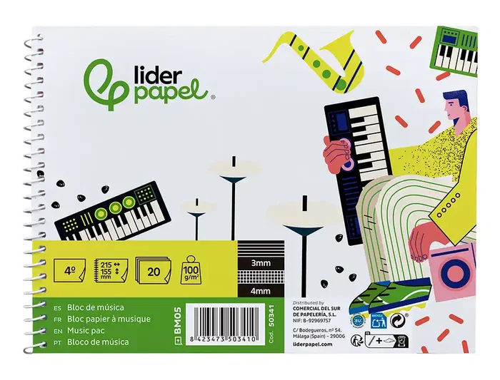 Liderpapel Bloc Música Combi Pentagrama 3mm con Anotaciones Cuadrícula 4mm Cuarto 20 Hojas 100g/m2 Apaisado