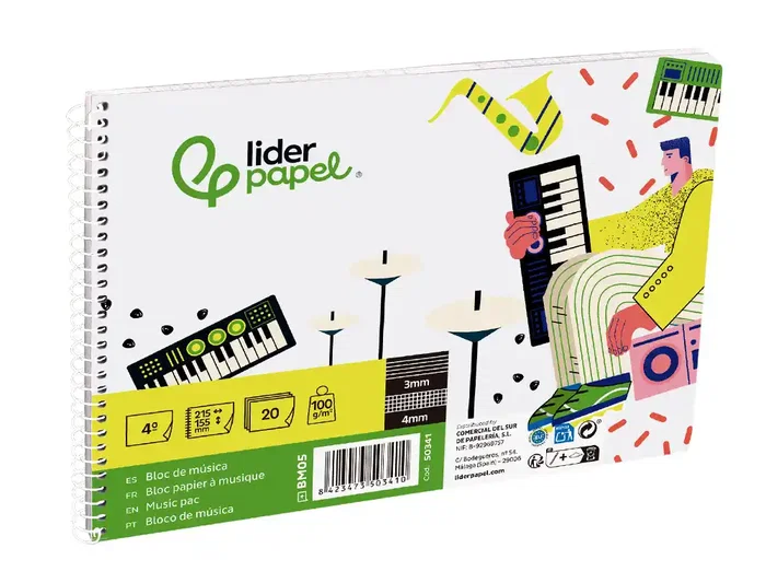 Liderpapel Bloc Música Combi Pentagrama 3mm con Anotaciones Cuadrícula 4mm Cuarto 20 Hojas 100g/m2 Apaisado