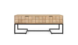 GINER Y COLOMER Mesa de Centro de Madera de Mango Tallada a Mano 120 cm, Diseño Moderno con Cajones y Base de Hierro Negro
