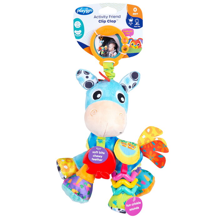 Playgro Activity Friend Clip Clop 0189035 - Caballito sensorial con sonajero y mordedor, multilingüe