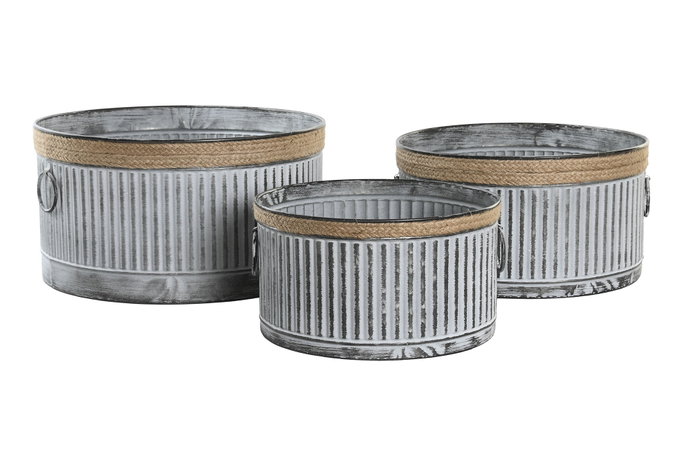 DKD Home Decor Macetero Vintage Set de 3 de Metal y Cuerda, tonos Gris y Marrón, ideales para plantas y decoración, 38x38x21 cm