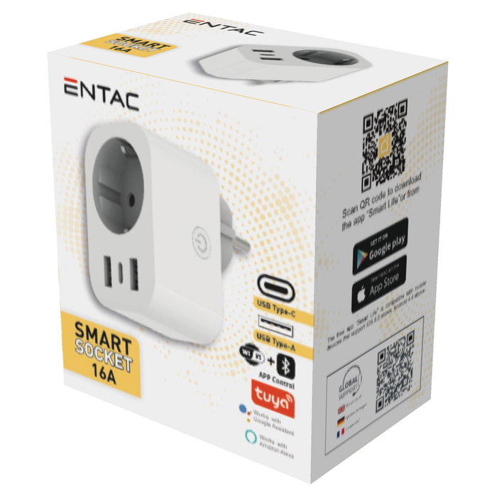 ENTAC Adaptador de enchufe WIFI con 1 toma y 3 puertos USB (2x USB-A/1x USB-C)