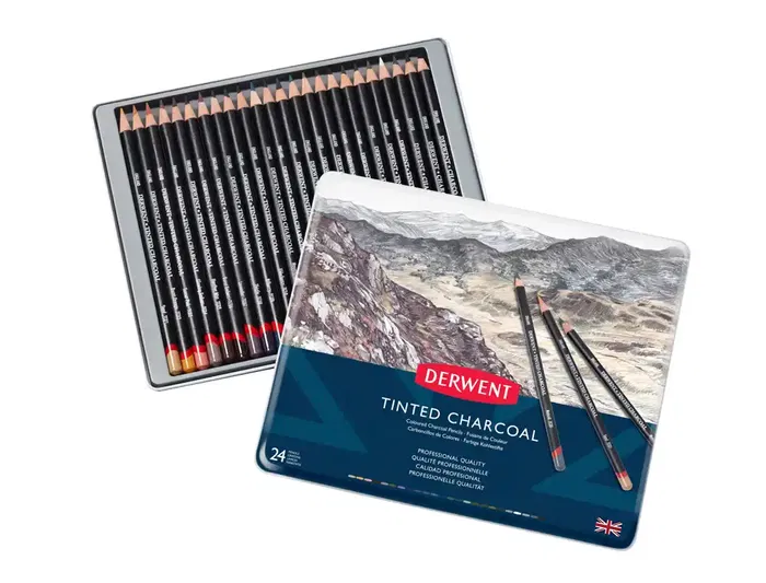 Derwent Lápices de Carboncillo Tintado Caja Metálica 24 Unidades Colores Surtidos