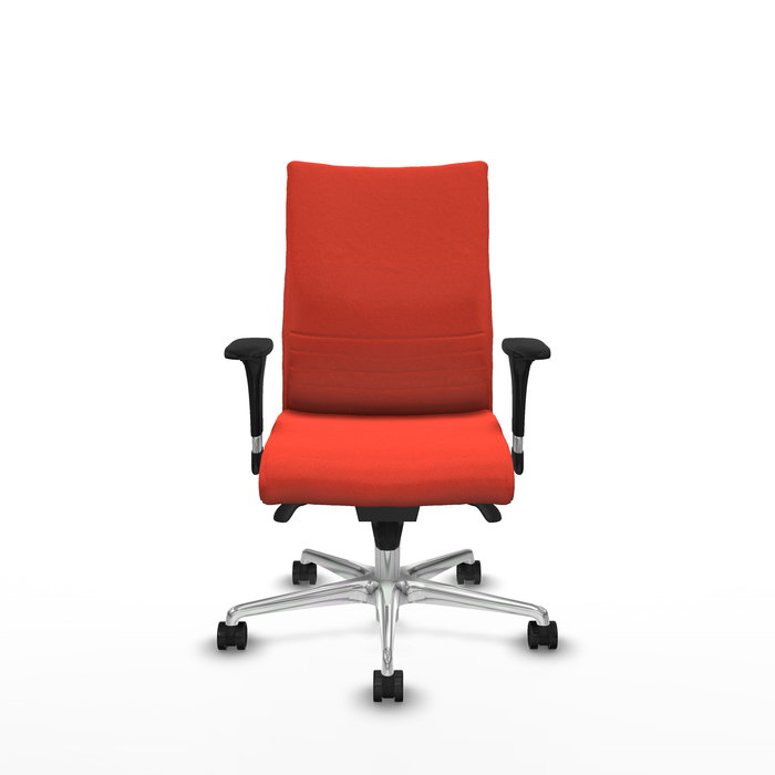 Silla Albacete confidente con mecanismo Sincro tapizada con Tela color Naranja oscuro. Equipada con Base aluminio, Brazos 1D y Ruedas 65mm nailon