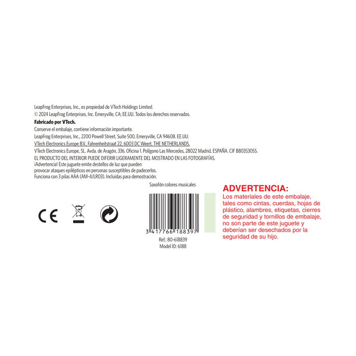 Leap Frog Saxofón Colores Musicales 80-618839 V-Tech - Juguete Educativo con Sonidos, Colores y Números para Bebés +6 Meses