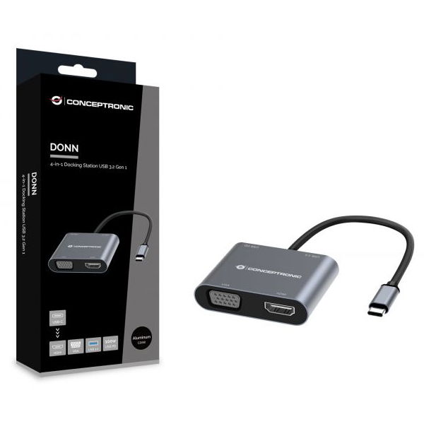 Conceptronic Donn16 Hub USB-C Multipuerto, 4 en 1 con HDMI 4K, VGA, USB-C PD 100W y USB 3.0 - Adaptador Docking para Laptop