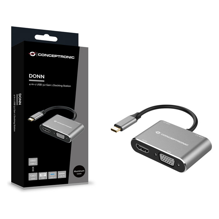 Conceptronic DONN16GR Hub Usb Tipo C 4 en 1 a HDMI, VGA, USB-C PD 100W, USB 3.0
