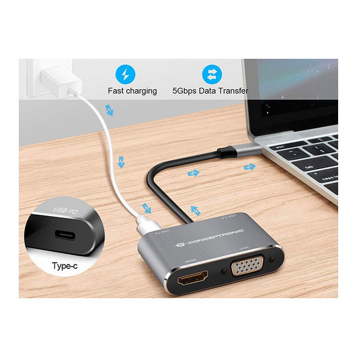 Conceptronic DONN16GR Hub Usb Tipo C 4 en 1 a HDMI, VGA, USB-C PD 100W, USB 3.0