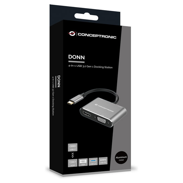 Conceptronic DONN16GR Hub Usb Tipo C 4 en 1 a HDMI, VGA, USB-C PD 100W, USB 3.0