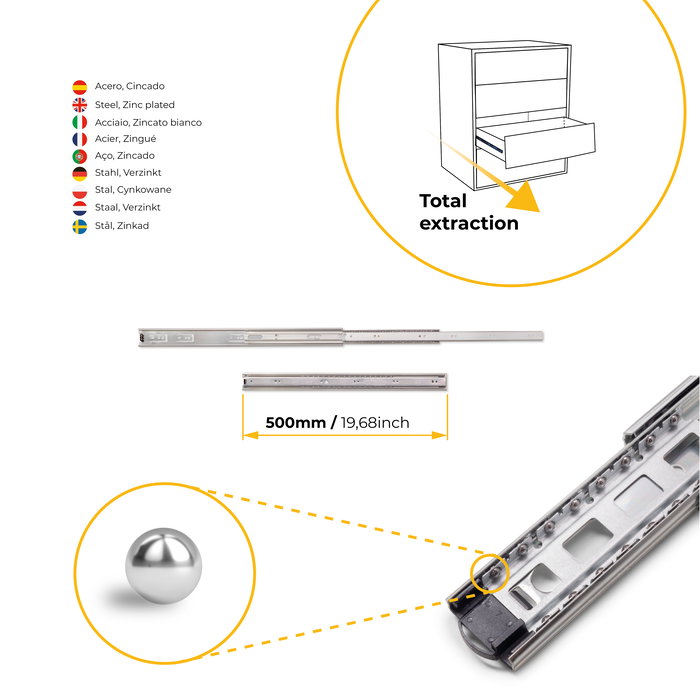 Emuca Juego de guías de bolas para cajones con extracción total, altura 45mm, longitud 500mm, Acero, Cincado Emuca Juego de guías de bolas para cajones con extracción total, altura 45mm, longitud 500mm, Acero, Cincado