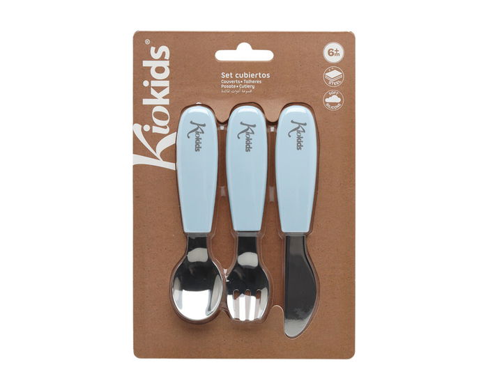 KioKids Set de Cubiertos Infantiles de Acero Inoxidable y Silicona Azul para Bebés +6 Meses - Colección Petits Moments