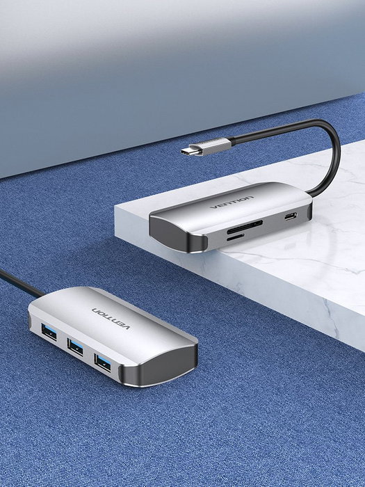 Vention TNHHB Hub USB Tipo-C Docking con 3 Puertos USB 3.2, 1 Puerto USB-C PD, Lector de Tarjetas SD/MicroSD, 5000 Mbit/s, Color Gris Aluminio