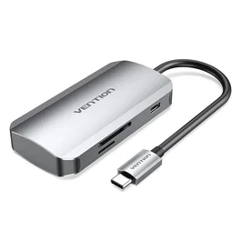Vention TNHHB Hub USB Tipo-C Docking con 3 Puertos USB 3.2, 1 Puerto USB-C PD, Lector de Tarjetas SD/MicroSD, 5000 Mbit/s, Color Gris Aluminio