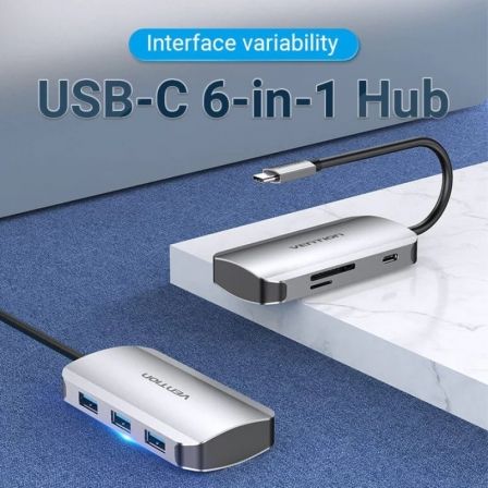 Vention TNHHB Docking USB Tipo-C con 3xUSB 3.0, 1xUSB Tipo-C PD 100W, Lector SD/MicroSD Gris Vention TNHHB Docking USB Tipo-C con 3xUSB 3.0, 1xUSB Tipo-C PD 100W, Lector SD/MicroSD Gris