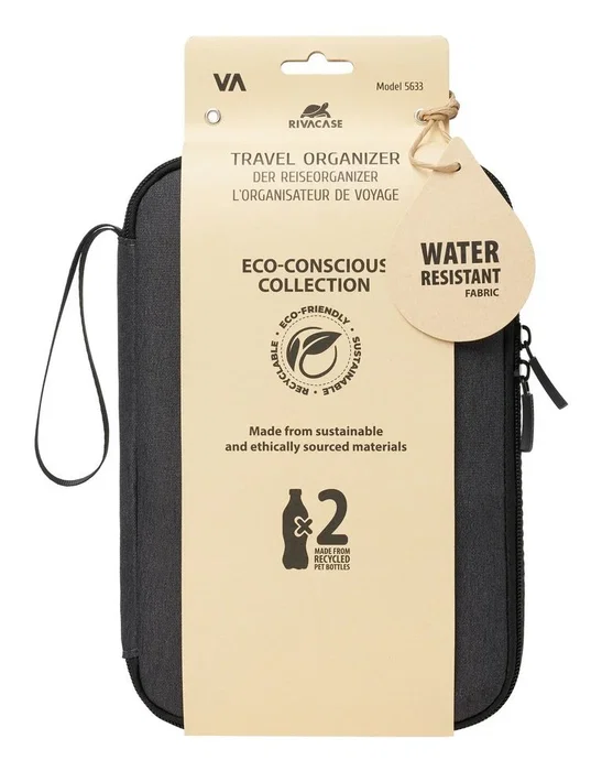 Rivacase Suzuka 5633 Organizador de Viaje Personal, Poliéster rPET Ecológico, Gris, con Cremallera, 9 Lazos Elásticos, Bolsillos de Malla y Correa para Muñeca