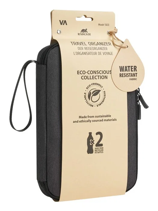 Rivacase Suzuka 5633 Organizador de Viaje Personal, Poliéster rPET Ecológico, Gris, con Cremallera, 9 Lazos Elásticos, Bolsillos de Malla y Correa para Muñeca