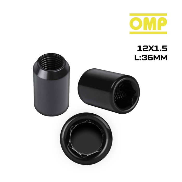 OMP Juego de 4 Tuercas Estrella M12X1.5 Cónico Largo 36mm Negro