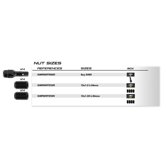 Omp OMPS09721201 Juego De 4 Tuercas Estrella M12x1.5 Conico Largo 36 mm Llave 17-19 Color Negro Din 10.9