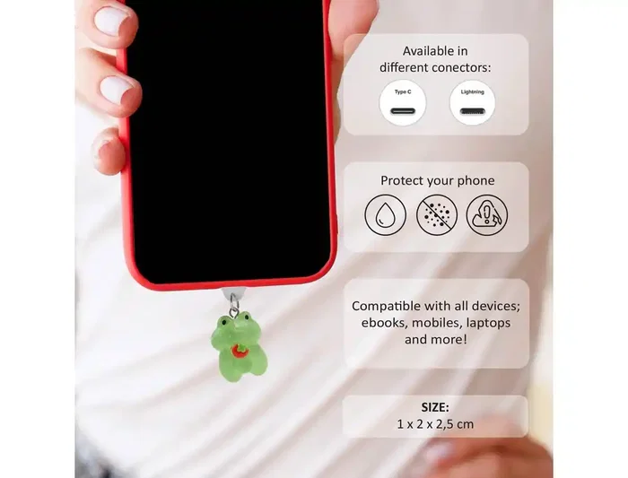 Wondee Mobile Charm Funny Frog Fresa Relámpago - Protector Decorativo para Puertos Type-C/Lightning, 25x10x20 mm
