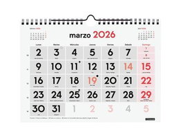 Finocam Calendario de Pared 2026 con Espiral, Números Grandes S - 210x150 mm, Ideal para Oficina u Hogar con Información de Festivos
