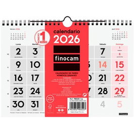 Finocam Calendario de Pared 2026 con Espiral, Números Grandes S - 210x150 mm, Ideal para Oficina u Hogar con Información de Festivos